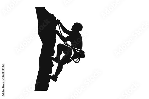 Silhouette of young caucasian male rock climber ascending cliff