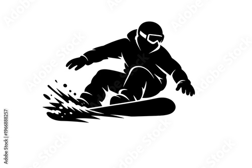 Silhouette of snowboarder in action on a white background