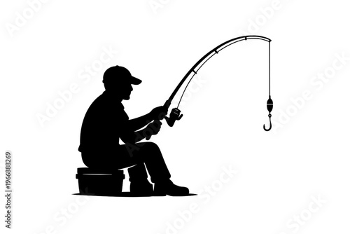 Silhouette of male fishing with rod and hook on white background
