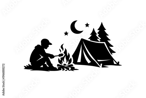Silhouette of camper roasting marshmallows by fire with tent and pine trees under moonlit sky