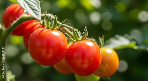 Fresh ripe cherry tomatoes growing on a healthy green vine in natural sunlight
