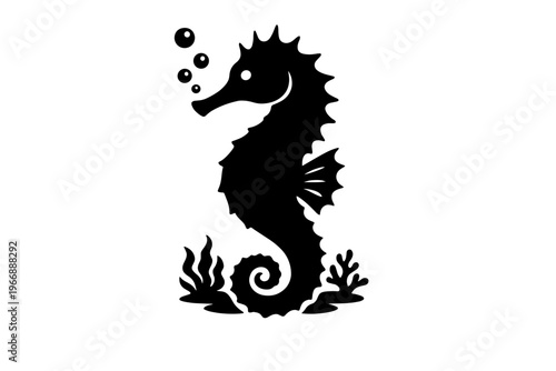 Silhouette of a seahorse with bubbles and seaweed elements
