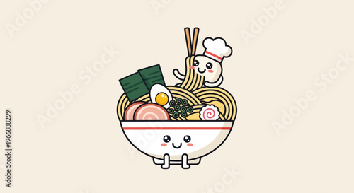 Cute Kawaii Ramen Bowl Character with Chef Mascot Illustration