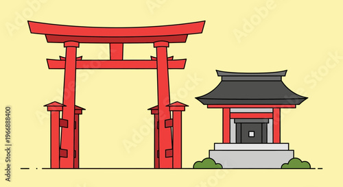 Japanese Torii Gate and Traditional Shrine Illustration