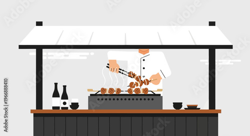 Japanese Yakitori Chef Grilling Skewers at Street Food Stall