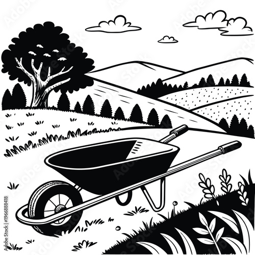 Wheelbarrow standing in peaceful garden landscape with tree and rolling hills under fluffy clouds at sunrise illustrating rural farm life and agriculture gardening equipment