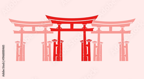 Abstract Japanese Torii Gate Illustration in Red and Pink