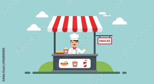 Flat Vector Illustration of a Friendly Chef at a Snack Stand