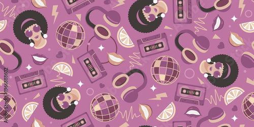 Seamless retro pattern of 80s-90s with disco and music elements.  Disco banner.  Memphis style background. Vector illustration