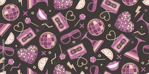 Seamless retro pattern of 80s-90s with disco and music elements.  Disco banner.  Memphis style background. Vector illustration