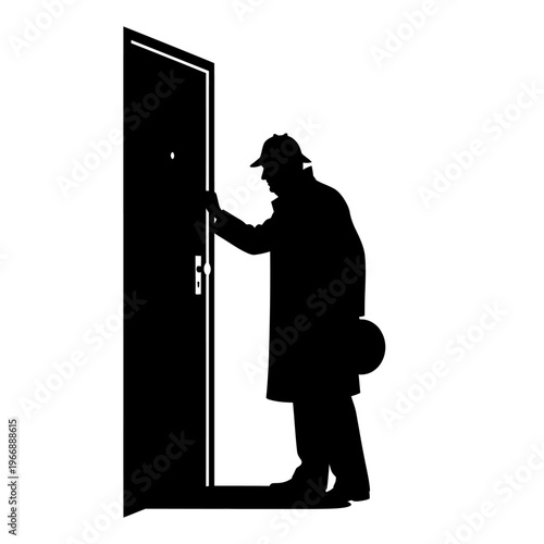 Silhouette of a Man Knocking on a Door in the Dark.