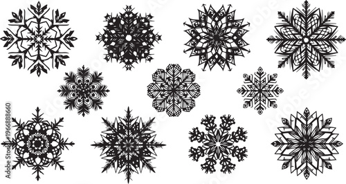 Collection of unique black snowflakes on white background illustration
