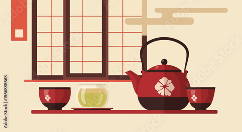 Japanese Tea Ceremony Set with Red Teapot and Cups in Minimalist Interior