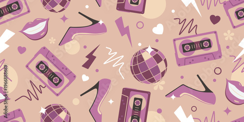 Seamless retro pattern of 80s-90s with disco and music elements. Pop art disco banner.  Memphis style background. Vector illustration
