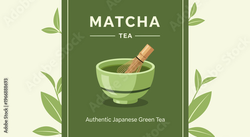 Matcha Tea Illustration with Bamboo Whisk and Green Tea Leaves