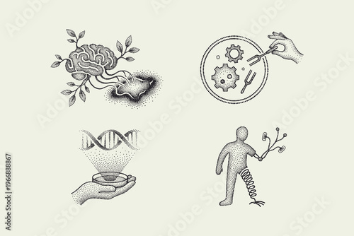 Bioengineering and Neuroscience Stipple Art Icon Set