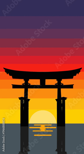 Japanese Torii Gate Silhouette at Sunset Over Water