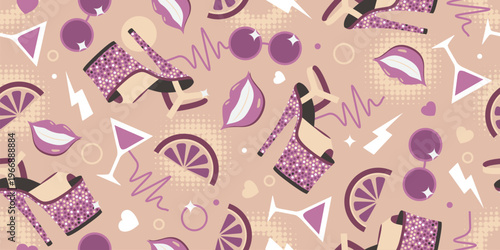 Seamless retro pattern of 80s-90s with disco elements. Pop art disco banner.  Memphis style background. Vector illustration