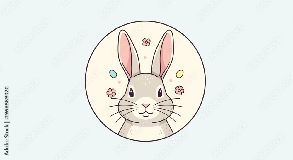 Fototapeta premium Cartoon Rabbit Badge with Pastel Colors and Cute Floral Decorations 