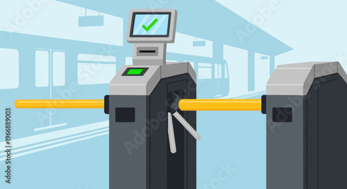 Modern Subway Turnstile Gate with Ticket Scanner and Checkmark Icon