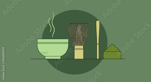 Minimalist Matcha Tea Set Illustration with Bowl Whisk and Powder