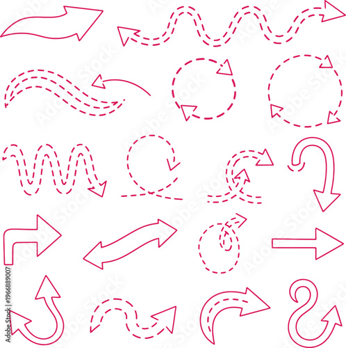 Collection of abstract pink arrows and curved lines on white background