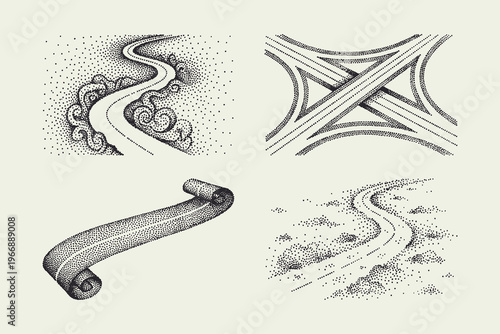 Set of Hand-Drawn Road and Scroll Illustrations in Stippling Style