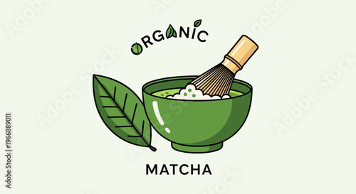 Organic Matcha Tea Illustration with Bamboo Whisk and Green Leaf