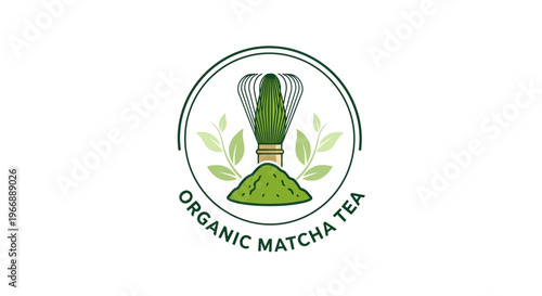Organic Matcha Tea Logo Design with Whisk and Powder