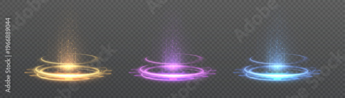 Three glowing light portals with particle beams ascending, depicting concepts of teleportation, magic, and futuristic power