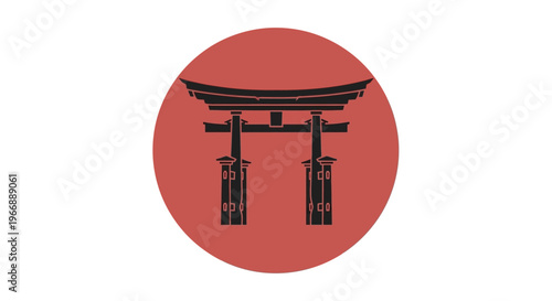 Japanese Torii Gate Silhouette Icon on Red Circle