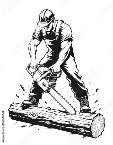 Lumberjack with chainsaw cutting log, dynamic action pose, sawdust flying, strong muscles, protective gear, overalls, boots, hard hat, intense focus, professional logger, woodcutter, forestry worker, 