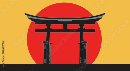 Japanese Torii Gate Silhouette Against Large Red Sun Graphic