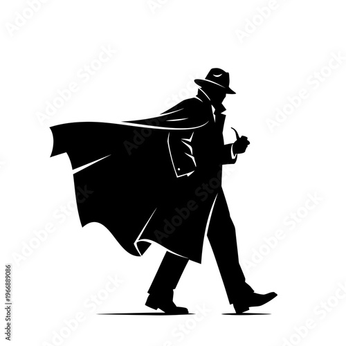 Silhouette of a Mysterious Detective Walking with a Smoking Pipe.