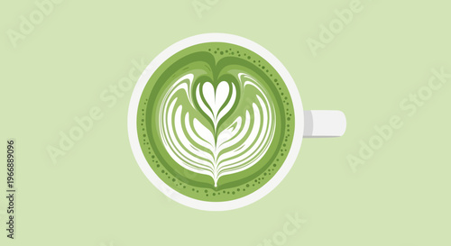 Top View of Matcha Green Tea Latte with Heart Latte Art