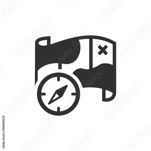 Treasure map with compass icon. Navigation and exploration adventure concept. Monochrome black and white symbol
