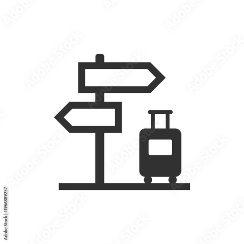 Travel direction sign with suitcase icon. Tourist navigation and route guidance. Monochrome black and white symbol