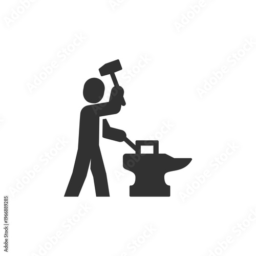 Blacksmith forging metal on anvil icon. Metalworking and traditional forging craft. Monochrome black and white symbol