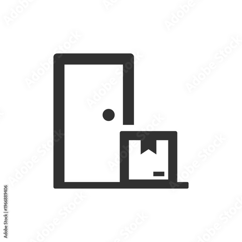 Door with package box icon. Home delivery and parcel service concept. Monochrome black and white symbol