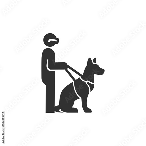 Guide dog with blind person icon. Assistance animal and accessibility support concept. Monochrome black and white symbol