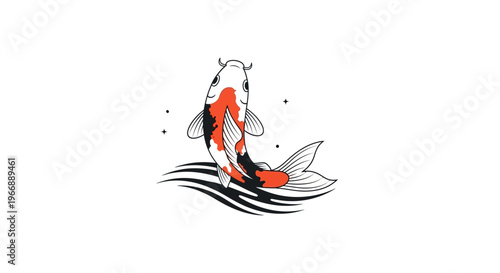 Minimalist Koi Fish Illustration with Water Waves and Stars