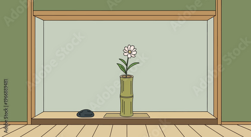 Minimalist Japanese Tokonoma Alcove with Bamboo Vase and Flower