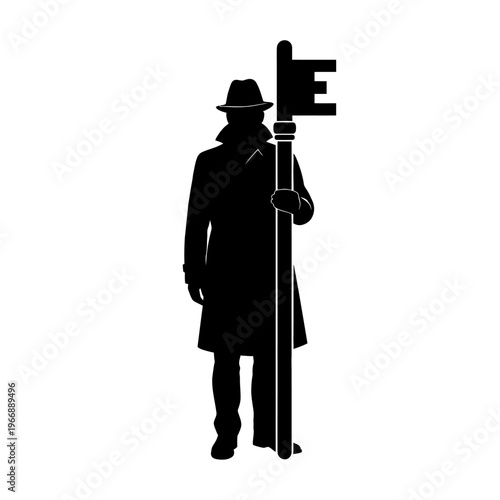 Silhouette of a Mysterious Man Holding a Large Key.