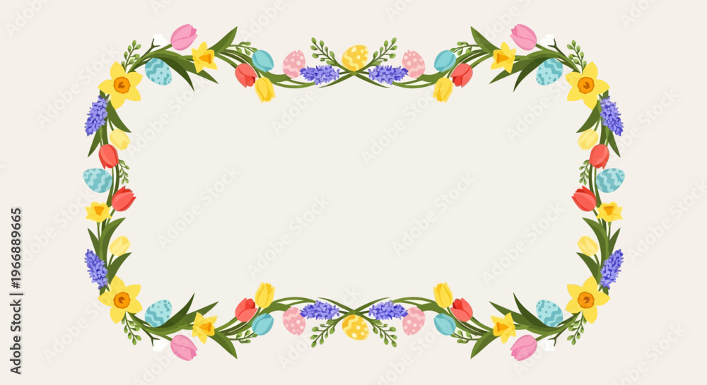 Obraz premium Floral Easter Garland Frame with Colorful Flowers and Pastel Eggs Design