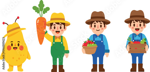Cute Farmer Characters and Organic Farming Illustration Set with Harvest Vegetables, Rural Agriculture Lifestyle, and Cartoon Garden Produce Design Elements.