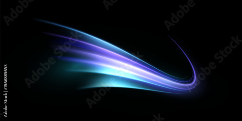 A blue-violet glowing ‘swish’ on a black background, ideal for futuristic designs, sci-fi-style visual effects and digital composites. An abstract vector light effect with a smooth, glowing motion.