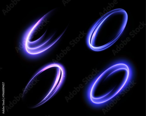 Blue and purple glowing energy rings on a black background, ideal for interfaces, futuristic overlays and digital design. An abstract vector light effect featuring a soft glow.