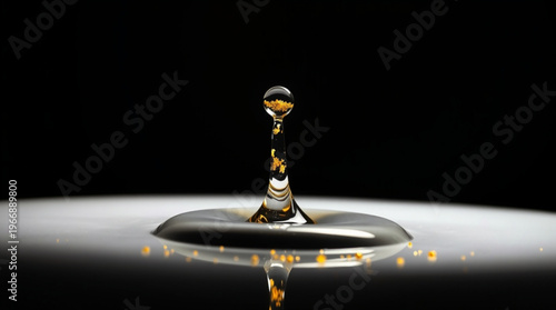 A drop of liquid creates an elegant coronet splash upon impact, with golden particles suspended atop symmetrical mirrore