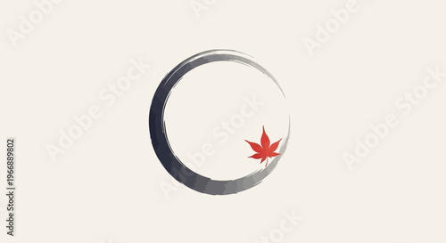 Zen Enso Circle with Red Maple Leaf Minimalist Japanese Style Illustration