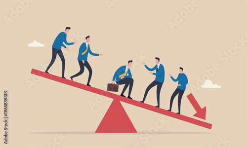 Stock bank meeting teams together bear market concept, businessman sitting on seesaw red arrow pointing down as investment loss